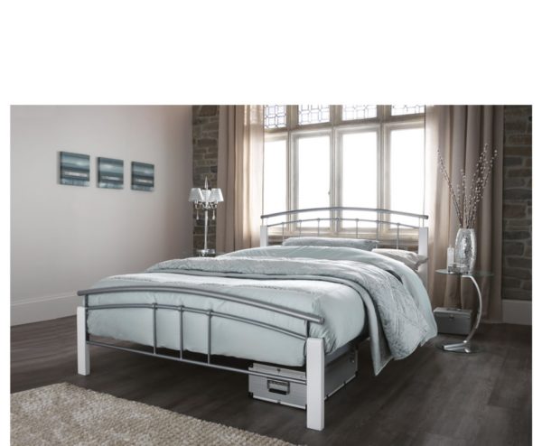 Tetras Metal Bed Frame (Silver and White Wood)